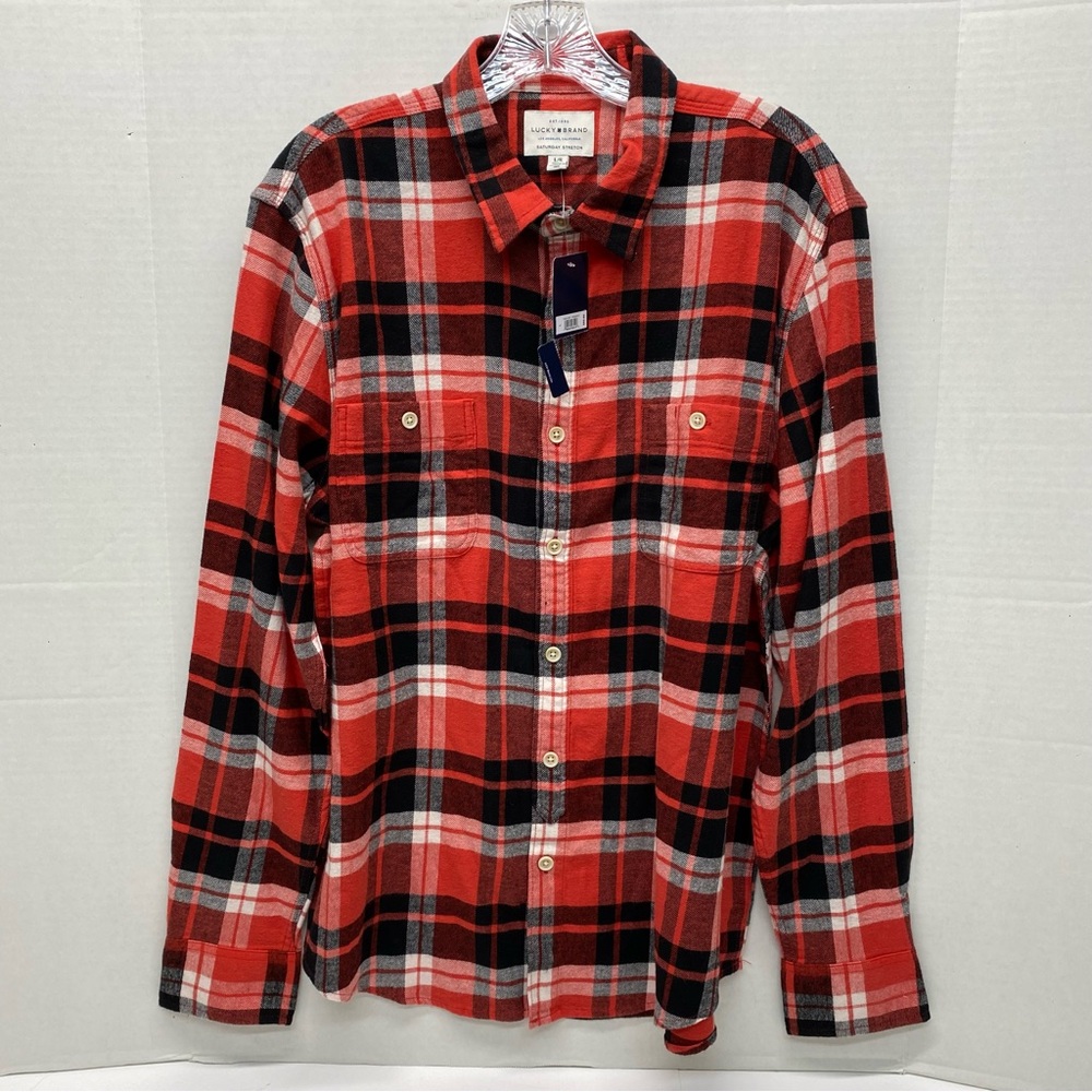 Lucky Brand Mens Plaid Flannel Long Sleeve Large Button Down Red Black CasualNWT